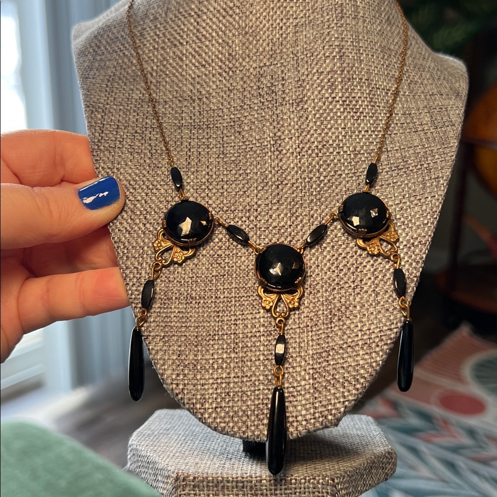 VTG Gothic Victorian Mourning Style Black Glass Droplet GF Statement Necklace